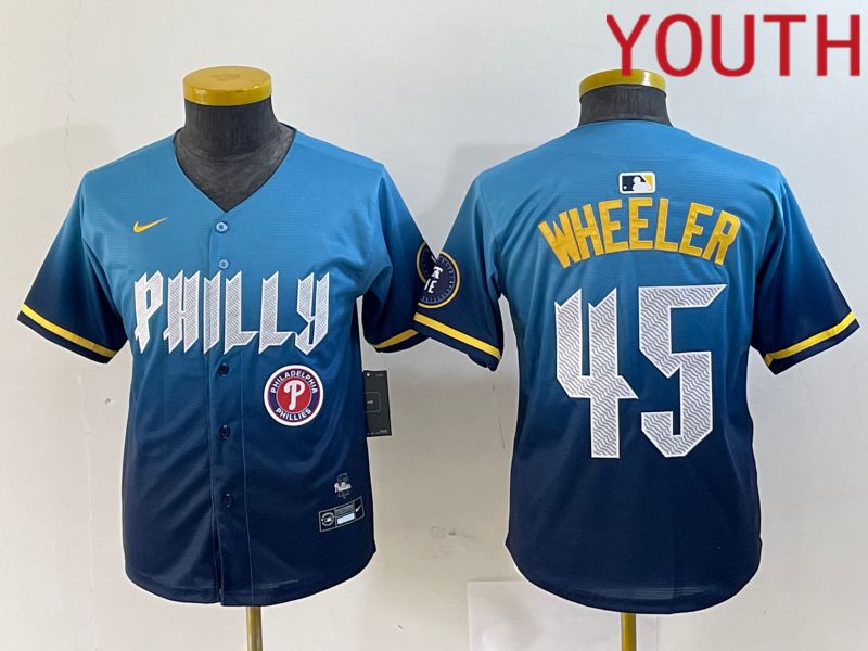 Youth Philadelphia Phillies #45 Wheeler Blue City Edition Nike 2024 MLB Jersey style 5->women mlb jersey->Women Jersey